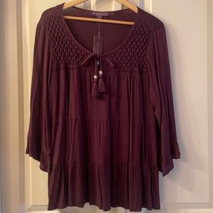 NWT-Maroon Ruffled Long Sleeve Blouse-Size XL